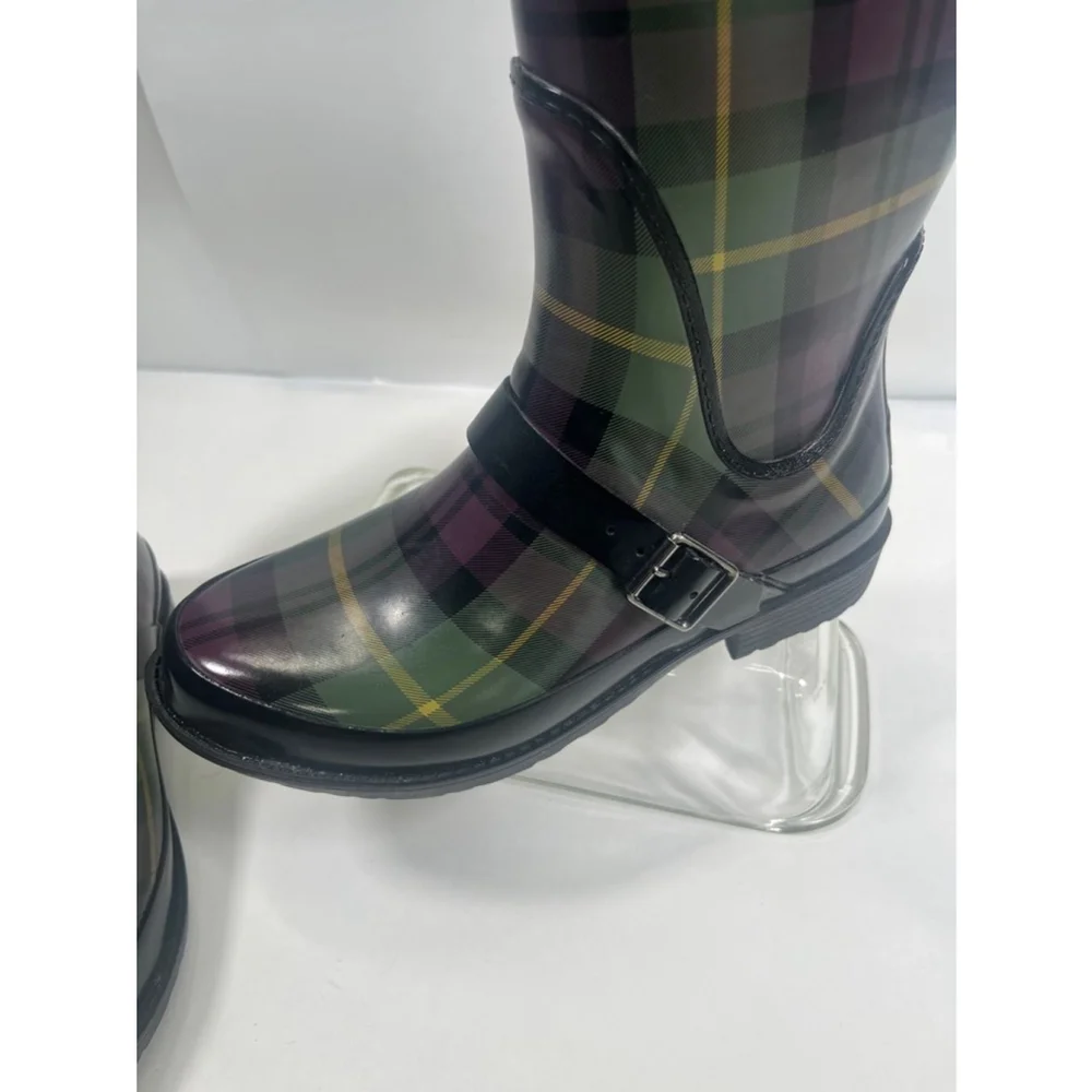 L.L.Bean Women's Green and Purple Plaid Rain Tall Boots Size‎ 7 Wellies Rubber